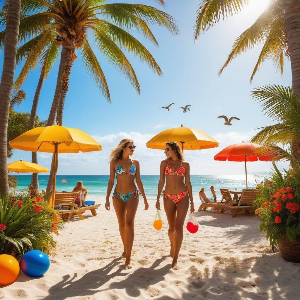 A vibrant seaside scene featuring diverse models showcasing the latest bikini styles and beachwear, surrounded by exotic tropical plants and sun-kissed sand. The atmosphere is lively, capturing the essence of summer fun, with bright umbrellas, beach balls, and crystal-clear waves in the background. Include elements like a beach bar and playful seagulls for a dynamic touch. Use bold and vivid colors to enhance the joyful vibe. super-realistic. vibrant colors. summery background.