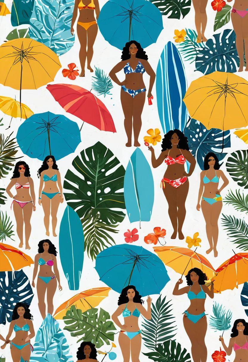 A vibrant beach scene showcasing various women of diverse body types confidently wearing a range of trendy bikinis, including thongs and high-waisted styles. The sun is shining brightly, with beach umbrellas and surfboards in the background, creating a joyful summer atmosphere. Include colorful beach towels, exotic tropical plants, and a sparkling ocean to evoke a sense of fun and fashion. super-realistic. vibrant colors. sunny background.